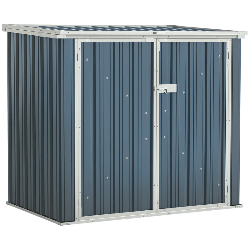 Metal storage shed for garbage and recycling with a grey corrugated metal exterior on a white background