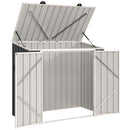 Metal storage shed for garbage and recycling bins with open lid on a white background