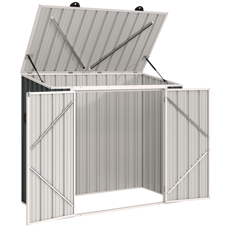Metal storage shed for garbage and recycling bins with open lid on a white background
