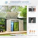 Outdoor storage shed with two front doors and a lift-up lid, featuring locks on a grassy background.