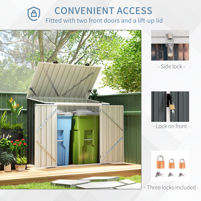 Outdoor storage shed with two front doors and a lift-up lid, featuring locks on a grassy background.