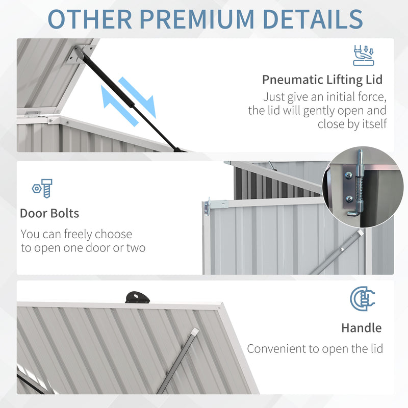 Other premium details of a metallic storage shed with pneumatic lifting lid, door bolts, and handle.