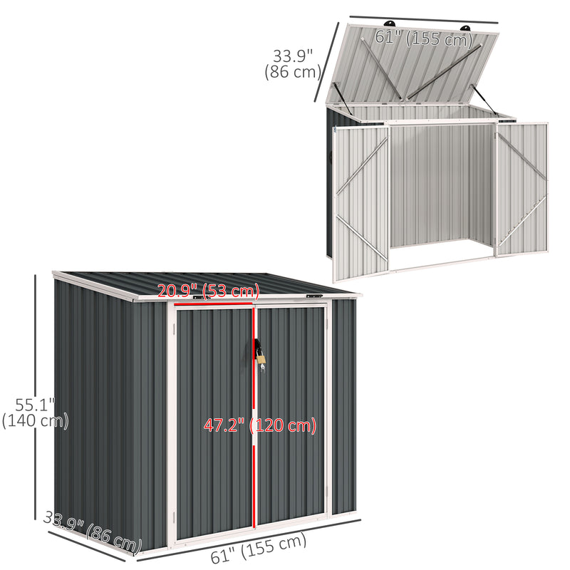 Dimensions of a storage shed with measurements labeled on a white background