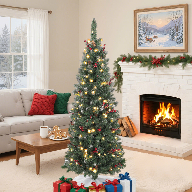 5ft Prelit Slim Christmas Tree, with 8 Lighting Modes and Silver Glitter