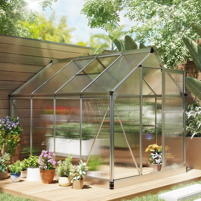 6.2' x 8.3' Walk-In Aluminum Frame Greenhouse with Polycarbonate Panels, Sliding Door - Silver