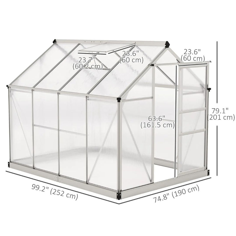 6.2' x 8.3' Walk-In Aluminum Frame Greenhouse with Polycarbonate Panels, Sliding Door - Silver