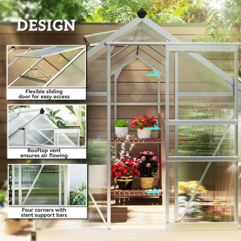 6.2' x 8.3' Walk-In Aluminum Frame Greenhouse with Polycarbonate Panels, Sliding Door - Silver