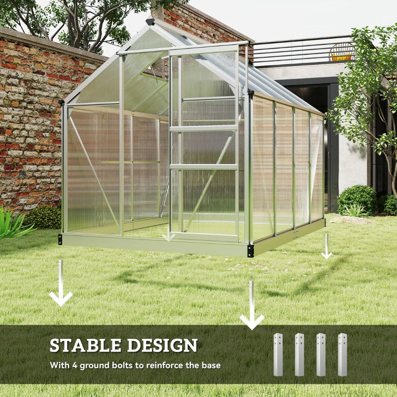 6.2' x 8.3' Walk-In Aluminum Frame Greenhouse with Polycarbonate Panels, Sliding Door - Silver