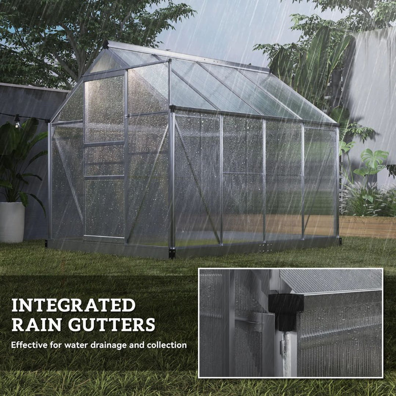 6.2' x 8.3' Walk-In Aluminum Frame Greenhouse with Polycarbonate Panels, Sliding Door - Silver