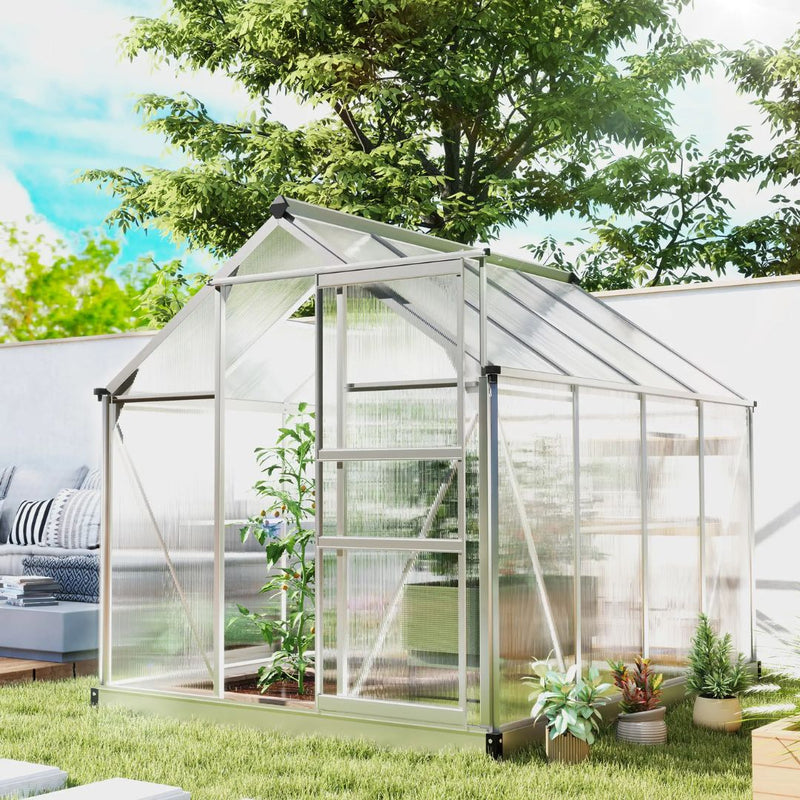 6.2' x 8.3' Walk-In Aluminum Frame Greenhouse with Polycarbonate Panels, Sliding Door - Silver