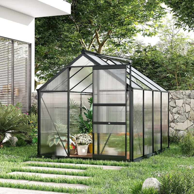 6.2' x 8.3' Walk-In Aluminum Frame Greenhouse with Polycarbonate Panels, Sliding Door - Grey