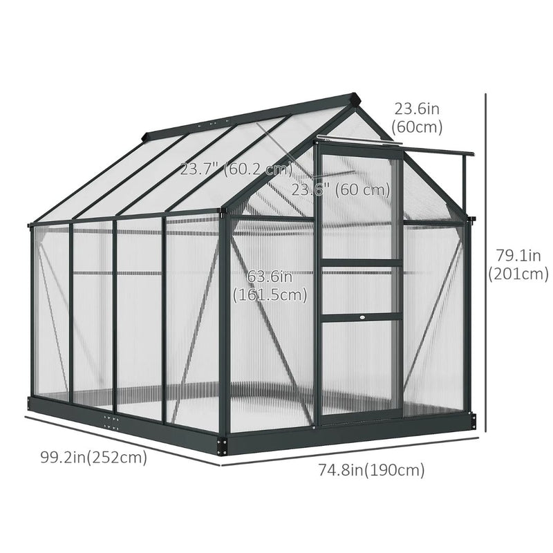 6.2' x 8.3' Walk-In Aluminum Frame Greenhouse with Polycarbonate Panels, Sliding Door - Grey