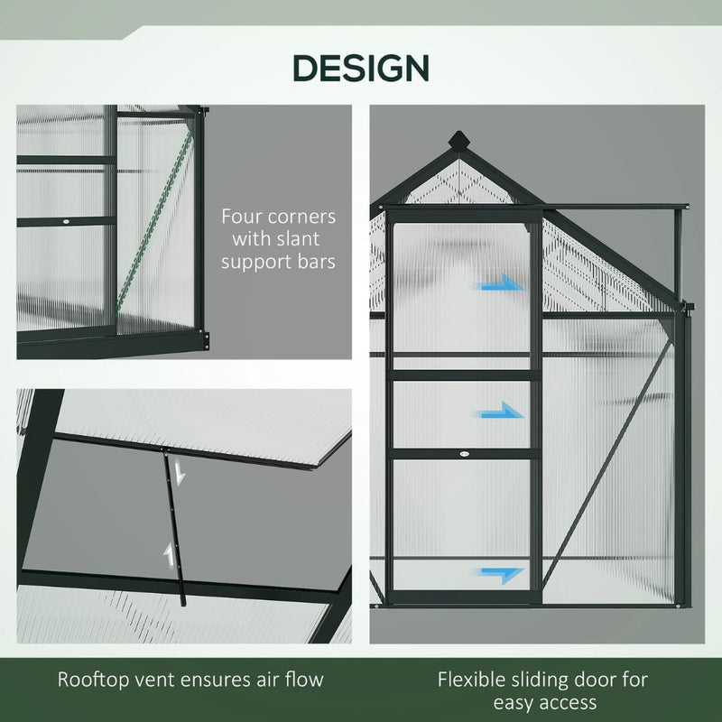 6.2' x 8.3' Walk-In Aluminum Frame Greenhouse with Polycarbonate Panels, Sliding Door - Grey