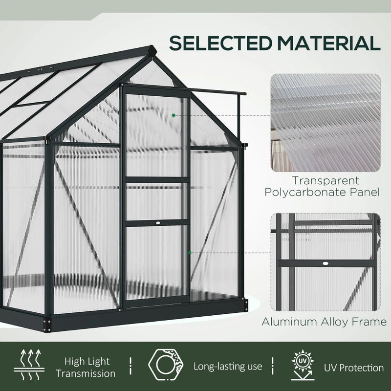 6.2' x 8.3' Walk-In Aluminum Frame Greenhouse with Polycarbonate Panels, Sliding Door - Grey