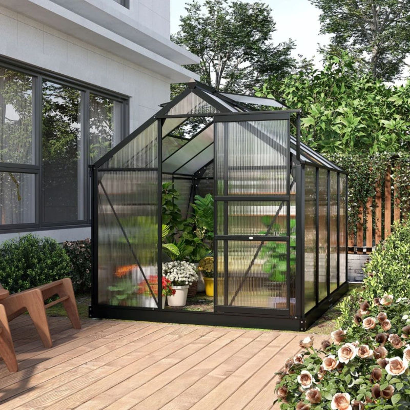 6.2' x 8.3' Walk-In Aluminum Frame Greenhouse with Polycarbonate Panels, Sliding Door - Grey