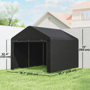 Black 8x7ft outdoor portable garden shed tent with measurements on a grassy area with a house in the background