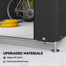 Section of a portable shed with upgraded materials text and a bicycle in the background