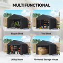 Multifunctional black portable storage shed used for bicycle, motorcycle, tool, utility room, and firewood storage.