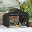 7 x 8 Black storage shed with a bicycle, firewood, and gardening tools outside a house.