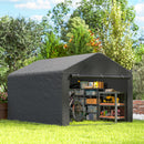 8x7 portable outdoor storage shed with shelves and items in a garden setting
