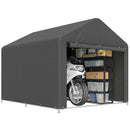 Portable storage shed 7x8ft with a motorcycle and various items inside on a white background