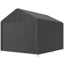 Grey outdoor storage shed for motorcycles, ATVs and Bicycles with a white background
