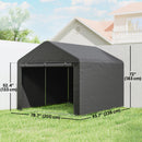 Black outdoor canopy tent with measurements on a grassy area with a house in the background
