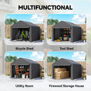 Multifunctional portable shed with various uses including bicycle, tool, utility room, and firewood storage.