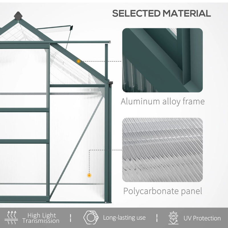 6' x 10' Polycarbonate Walk-in Greenhouse with Aluminum Frame and Sliding Door - Green