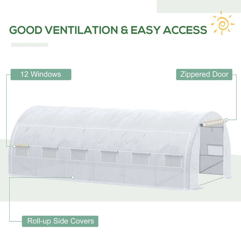 20' x 10' Large Walk-In Portable Tunnel Greenhouse with Roll-Up Side Walls - White