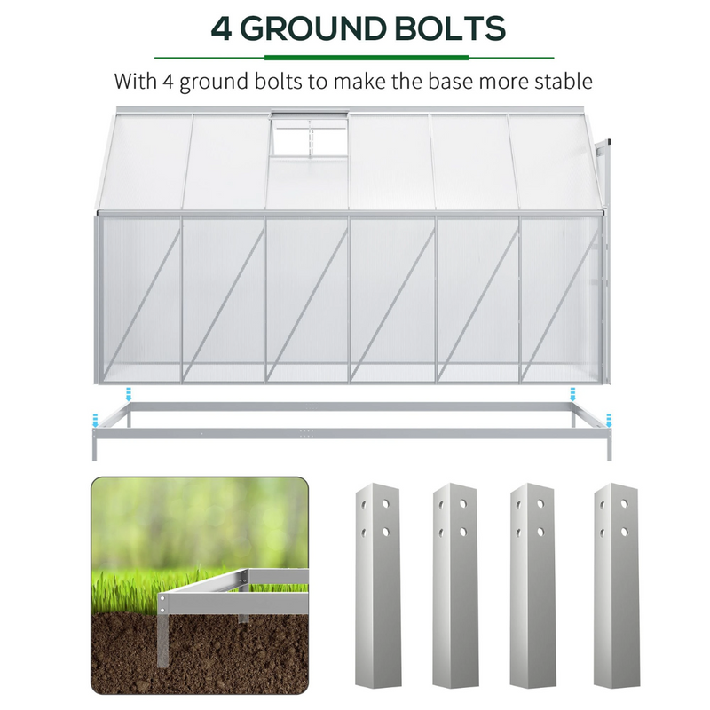 6' x 12' Large Walk-In Greenhouse with Aluminum Frame and Polycarbonate Panels, Sliding Door - Silver