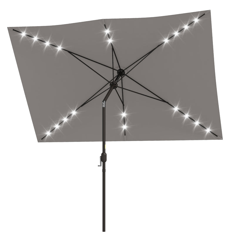 Patio Umbrellas, 6.5' x 10' Rectangular Tilting Patio Umbrella, Solar LED Lights & Hand Crank - Light Grey - Seasonal Overstock