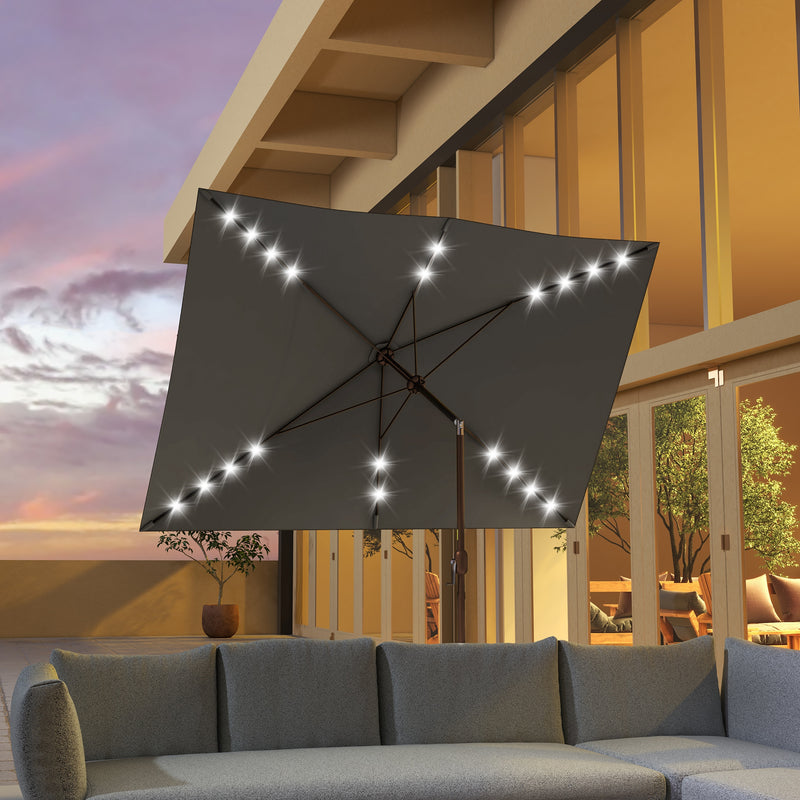 Patio Umbrellas, 6.5' x 10' Rectangular Tilting Patio Umbrella, Solar LED Lights & Hand Crank - Dark Grey - Seasonal Overstock
