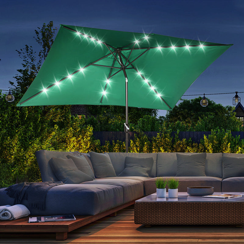 Patio Umbrellas, 6.5' x 10' Rectangular Tilting Patio Umbrella, Solar LED Lights & Hand Crank - Dark Green - Seasonal Overstock