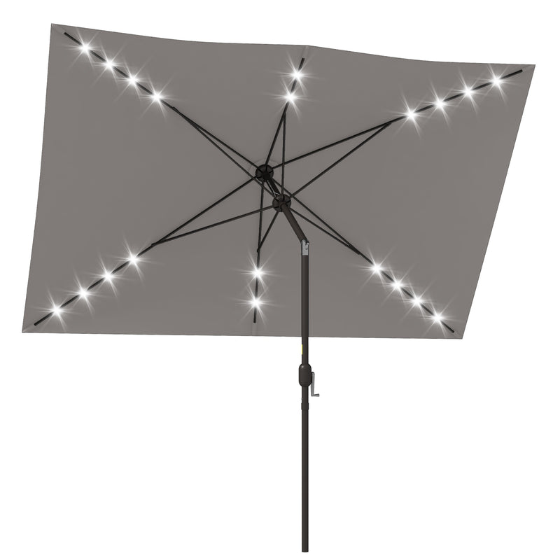 Patio Umbrellas, 6.5' x 10' Rectangular Tilting Patio Umbrella, Solar LED Lights & Hand Crank - Light Grey - Seasonal Overstock