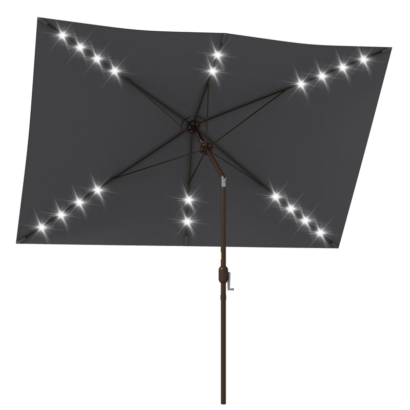 Patio Umbrellas, 6.5' x 10' Rectangular Tilting Patio Umbrella, Solar LED Lights & Hand Crank - Dark Grey - Seasonal Overstock
