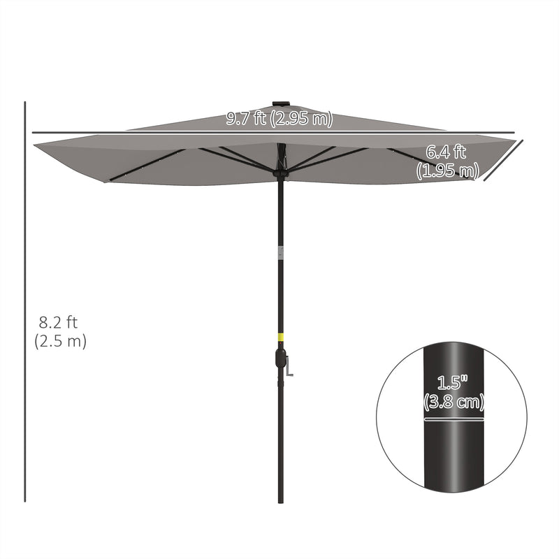 Patio Umbrellas, 6.5' x 10' Rectangular Tilting Patio Umbrella, Solar LED Lights & Hand Crank - Light Grey - Seasonal Overstock