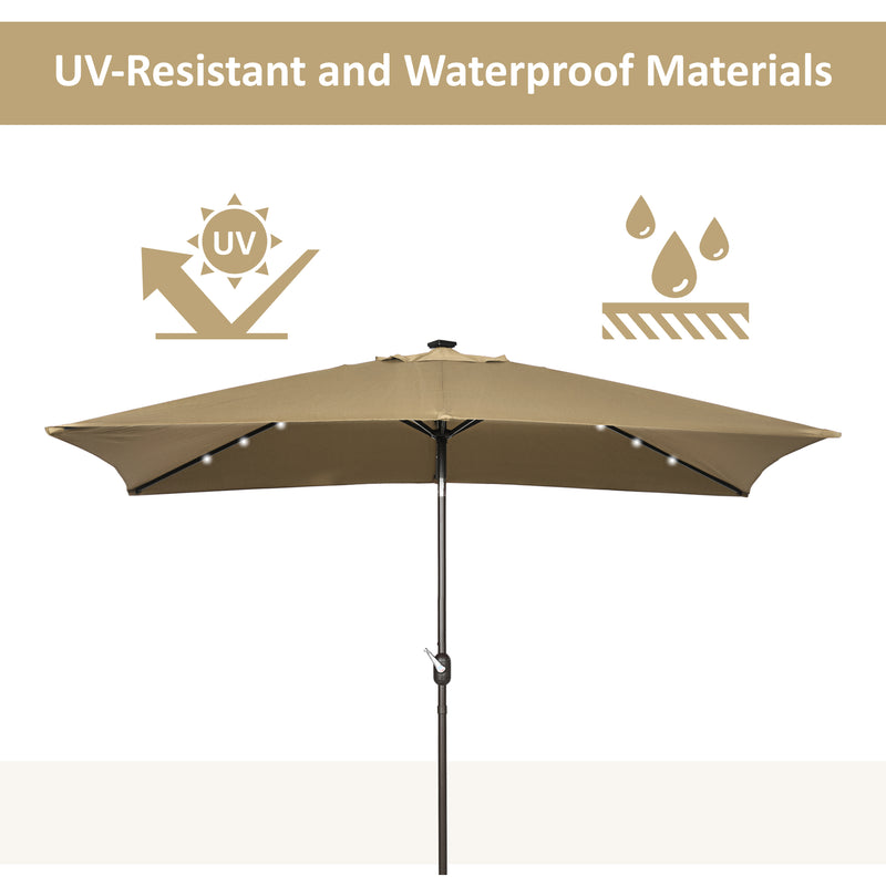 Patio Umbrellas, 6.5' x 10' Rectangular Tilting Patio Umbrella, Solar LED Lights & Hand Crank - Light Coffee Brown - Seasonal Overstock
