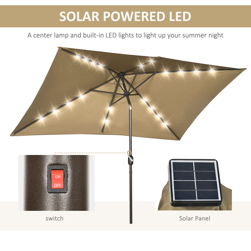 Patio Umbrellas, 6.5' x 10' Rectangular Tilting Patio Umbrella, Solar LED Lights & Hand Crank - Light Coffee Brown - Seasonal Overstock