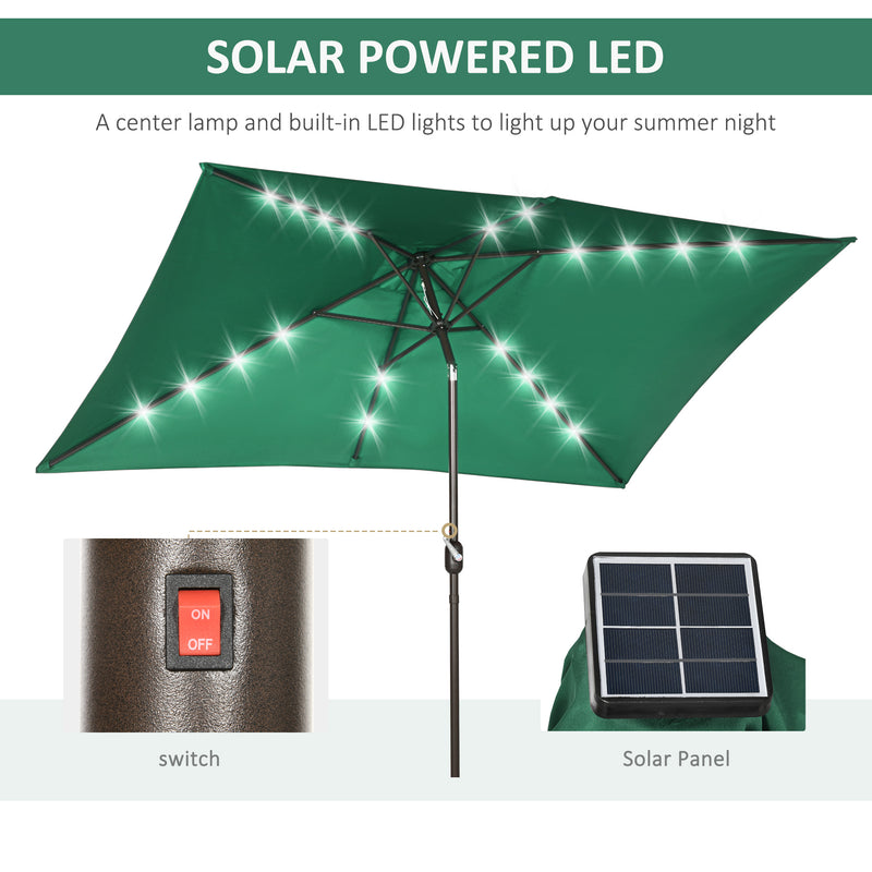 Patio Umbrellas, 6.5' x 10' Rectangular Tilting Patio Umbrella, Solar LED Lights & Hand Crank - Dark Green - Seasonal Overstock