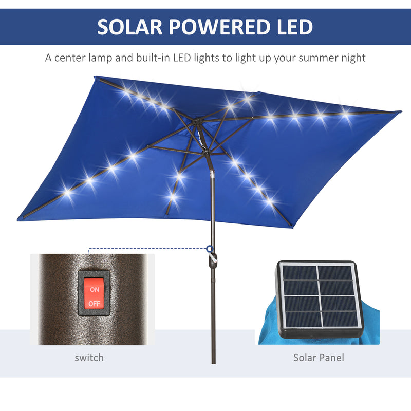 Patio Umbrellas, 6.5' x 10' Rectangular Tilting Patio Umbrella, Solar LED Lights & Hand Crank - Dark Blue - Seasonal Overstock