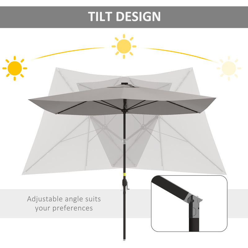 Patio Umbrellas, 6.5' x 10' Rectangular Tilting Patio Umbrella, Solar LED Lights & Hand Crank - Light Grey - Seasonal Overstock