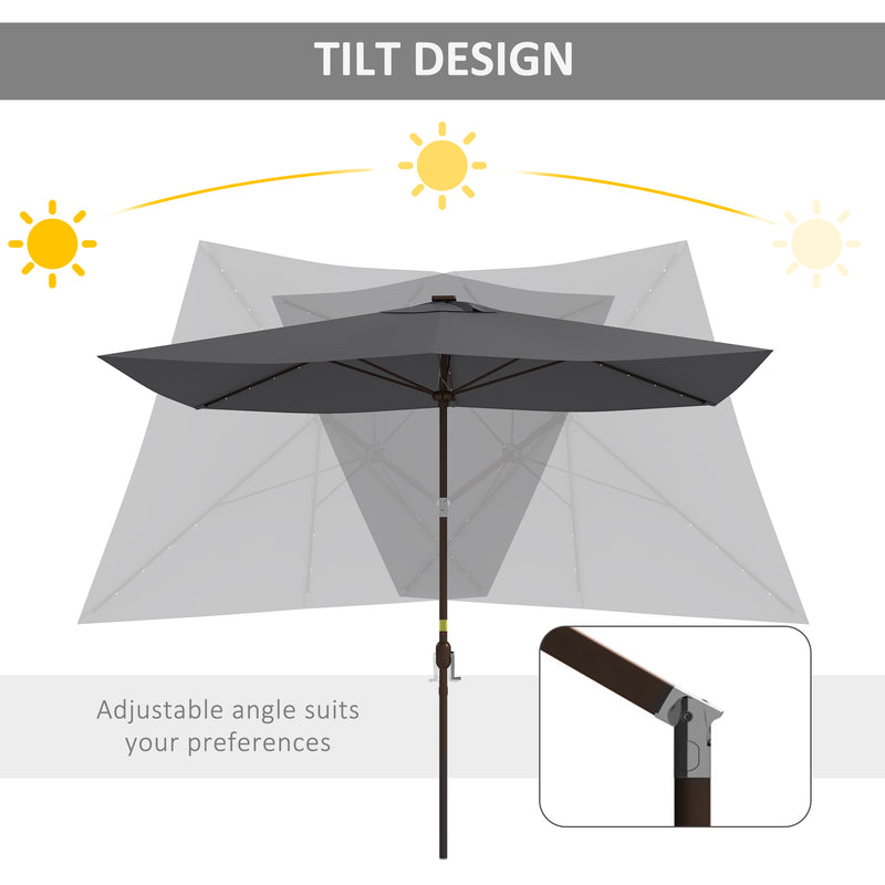 Patio Umbrellas, 6.5' x 10' Rectangular Tilting Patio Umbrella, Solar LED Lights & Hand Crank - Dark Grey - Seasonal Overstock