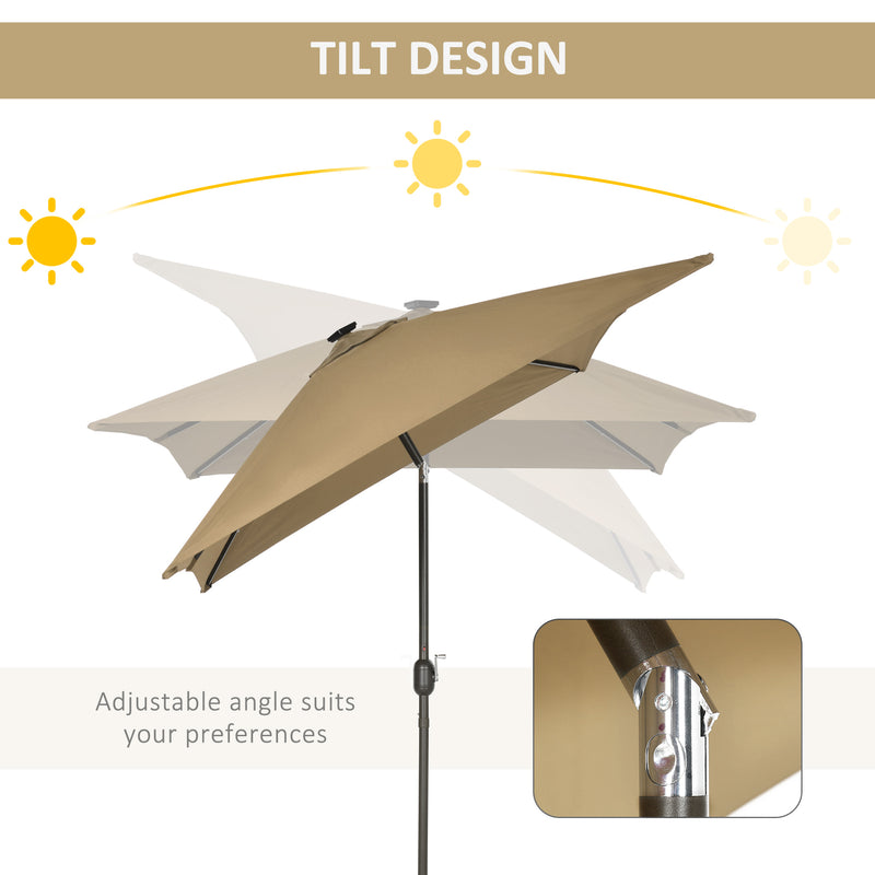 Patio Umbrellas, 6.5' x 10' Rectangular Tilting Patio Umbrella, Solar LED Lights & Hand Crank - Light Coffee Brown - Seasonal Overstock