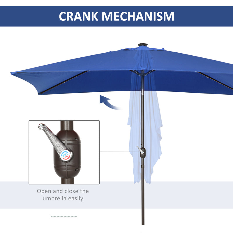 Patio Umbrellas, 6.5' x 10' Rectangular Tilting Patio Umbrella, Solar LED Lights & Hand Crank - Dark Blue - Seasonal Overstock
