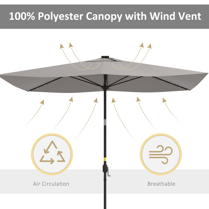 Patio Umbrellas, 6.5' x 10' Rectangular Tilting Patio Umbrella, Solar LED Lights & Hand Crank - Light Grey - Seasonal Overstock