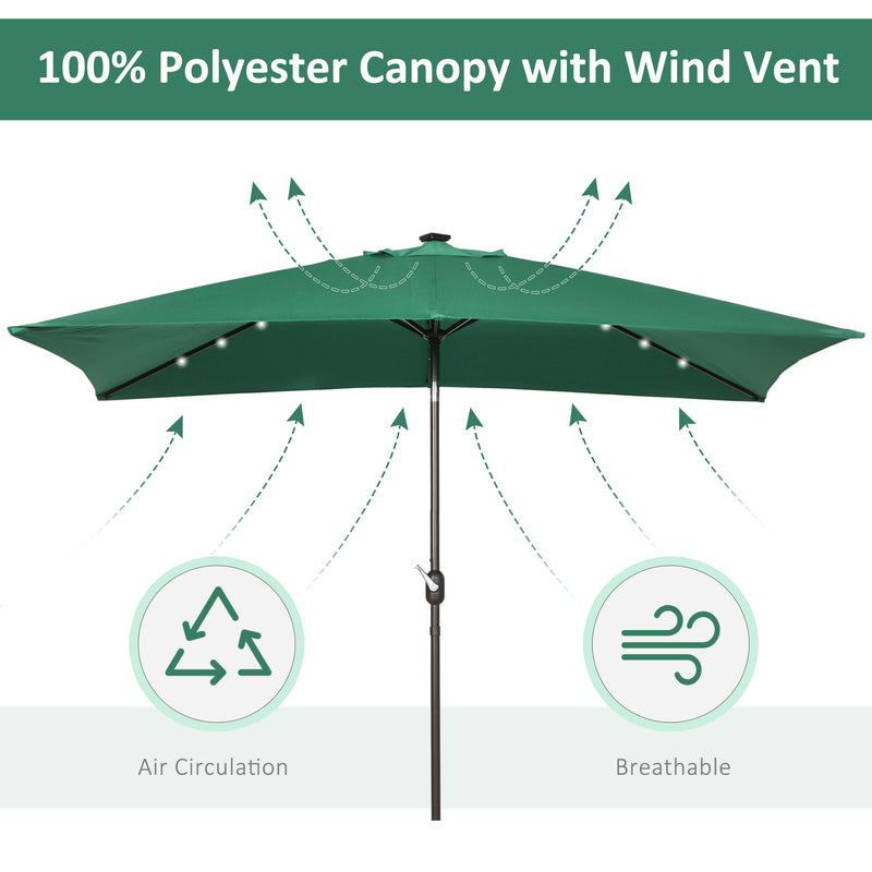 Patio Umbrellas, 6.5' x 10' Rectangular Tilting Patio Umbrella, Solar LED Lights & Hand Crank - Dark Green - Seasonal Overstock
