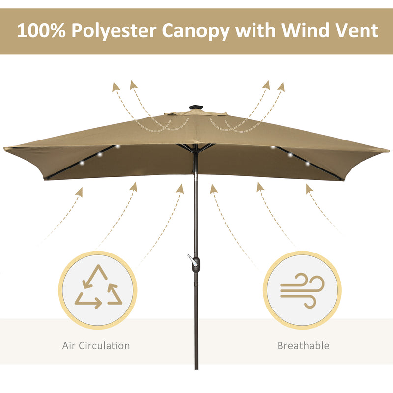 Patio Umbrellas, 6.5' x 10' Rectangular Tilting Patio Umbrella, Solar LED Lights & Hand Crank - Light Coffee Brown - Seasonal Overstock