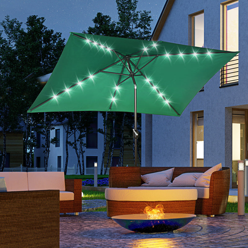Patio Umbrellas, 6.5' x 10' Rectangular Tilting Patio Umbrella, Solar LED Lights & Hand Crank - Dark Green - Seasonal Overstock