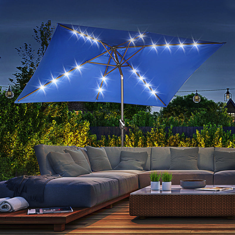 Patio Umbrellas, 6.5' x 10' Rectangular Tilting Patio Umbrella, Solar LED Lights & Hand Crank - Dark Blue - Seasonal Overstock